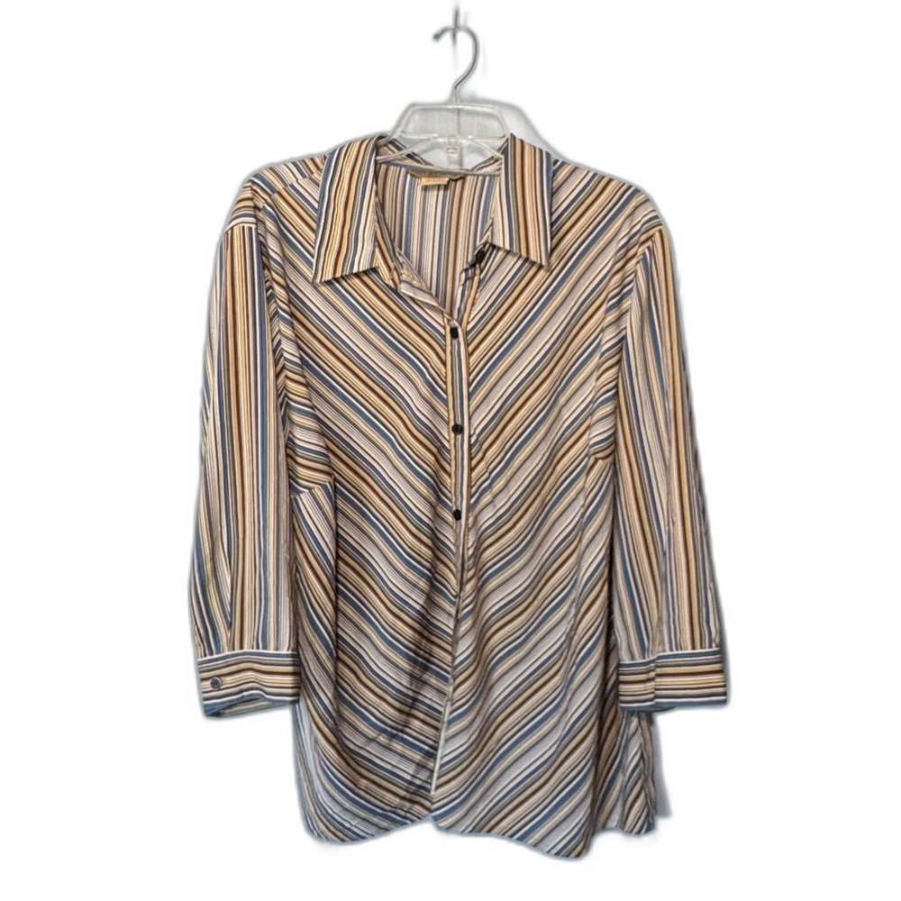 Vintage 90s Notations Striped Button Down Blouse Earthy Neutral Boho